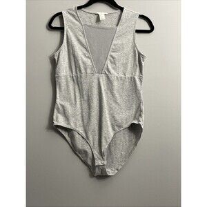 H&M Women’s Grey Sleeveless Bodysuit Sz M Mesh Panel Stretch Fitted Top Clubwear